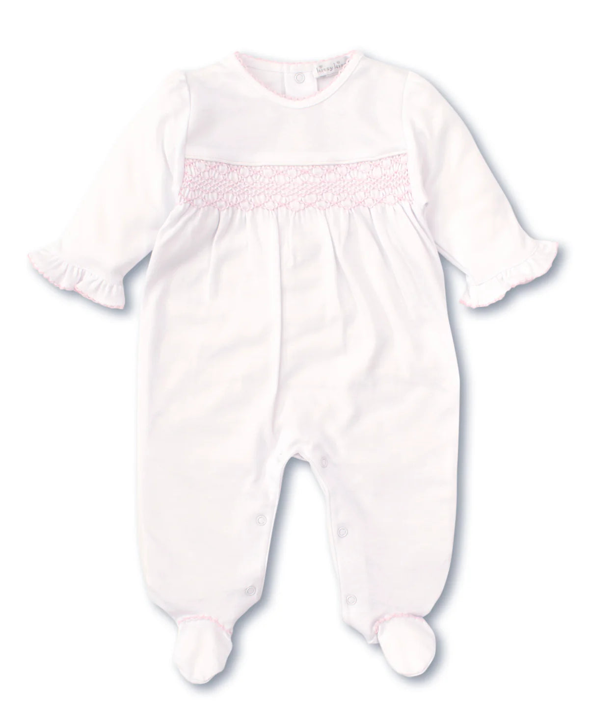 WHITE/PINK TRIM SMOCK FOOTIE