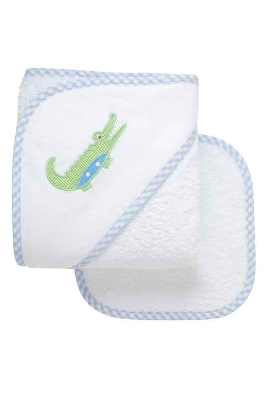 BLUE ALLIGATOR HOODED TOWEL SET