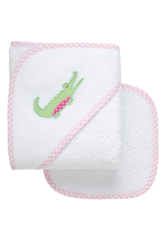 PINK ALLIGATOR HOODED TOWEL SET