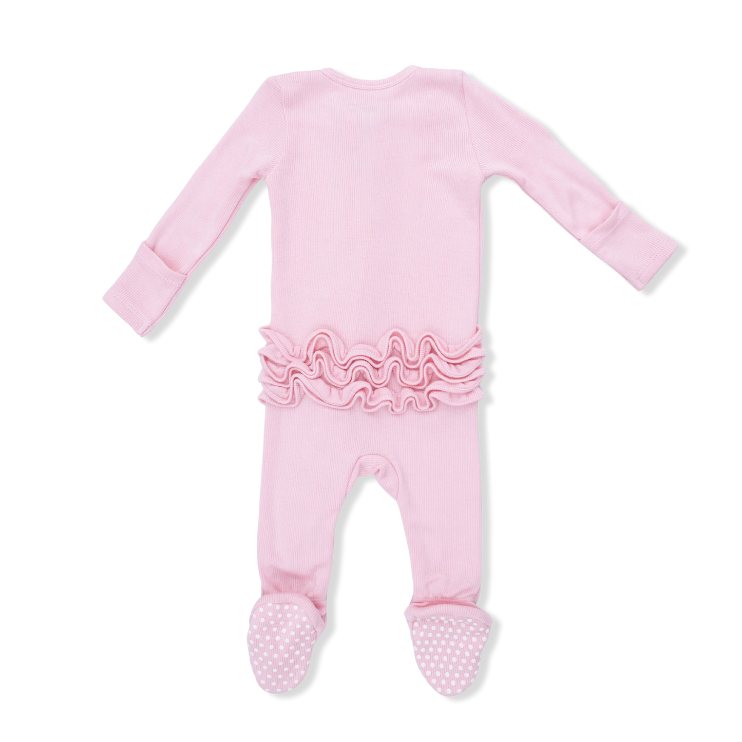 SOLID ROMANCE ROSE RIB RUFFLE ZIPPER FOOTIE