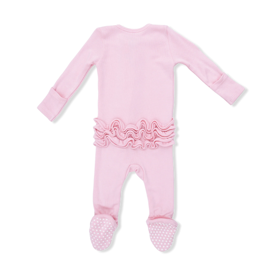 SOLID ROMANCE ROSE RIB RUFFLE ZIPPER FOOTIE