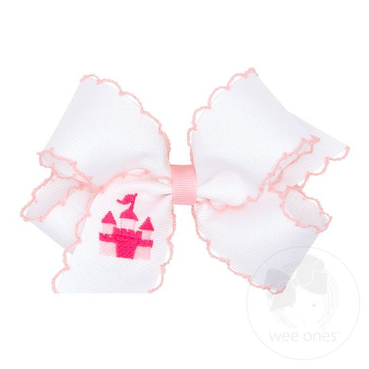 Medium Grosgrain Hair Bow with Pink Moonstitch Edge and Castle Embroidery