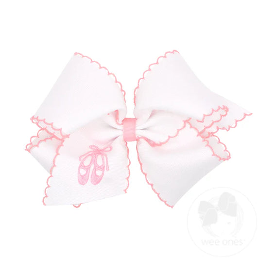 Grosgrain Hair Bow with Pink Moonstitch Edge and Ballet Slippers Embroidery