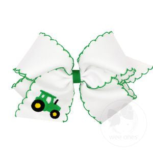 Medium Grosgrain Hair Bow with Moonstitch Edge and Tractor Embroidery