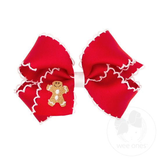 Medium Grosgrain Hair bow with Moonstitch Edge and Holiday-themed Embroidery