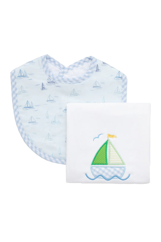BLUE SAILBOAT BIB & BURP SET