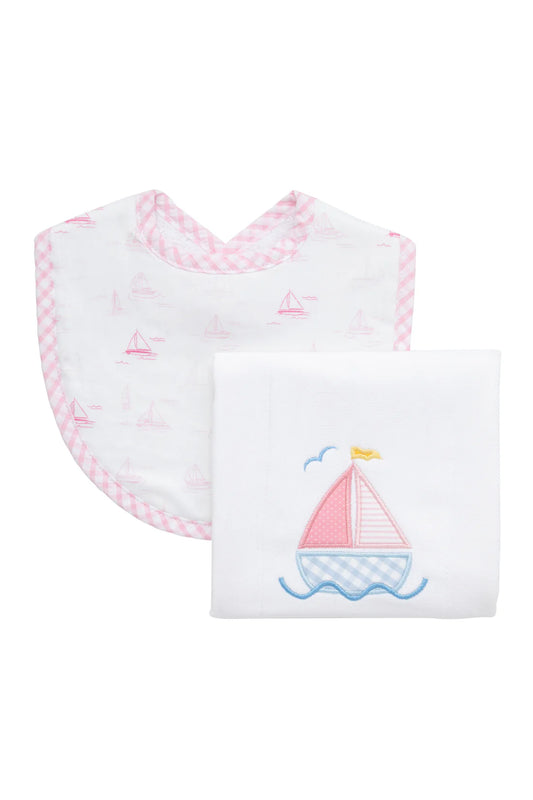 PINK SAILBOAT BASIC BIB & BURP SET