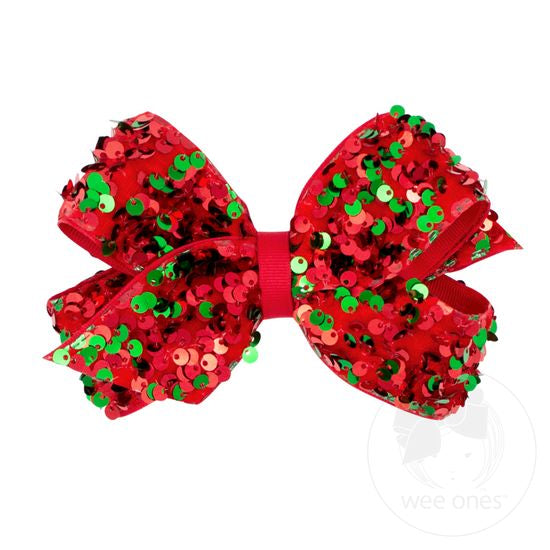 Red and Green Velvet Sequin and Grosgrain Overlay Hair Bow