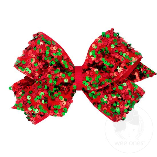 Red and Green Velvet Sequin and Grosgrain Overlay Hair Bow