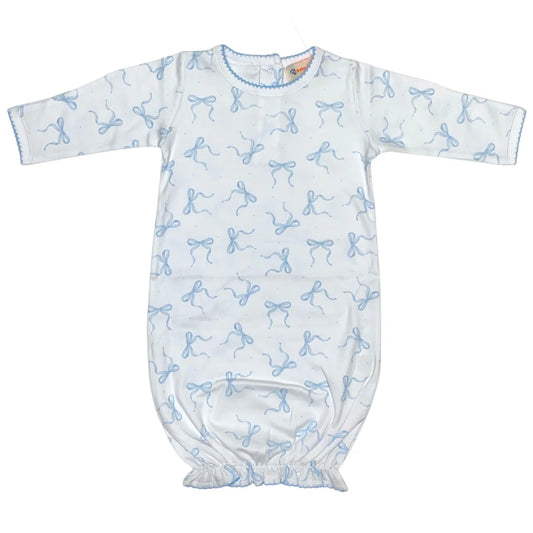 WHITE/BLUE BOW PRINT RUFFLE GOWN