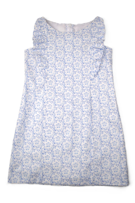 A LINE RUFFLE BLUE PRINT DRESS