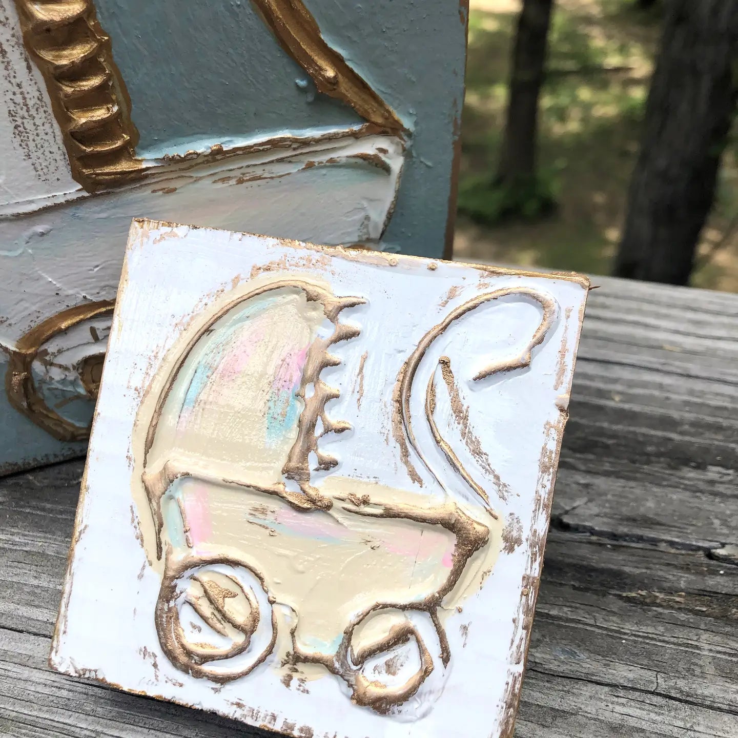 Baby Carriage Wood Block - Cream