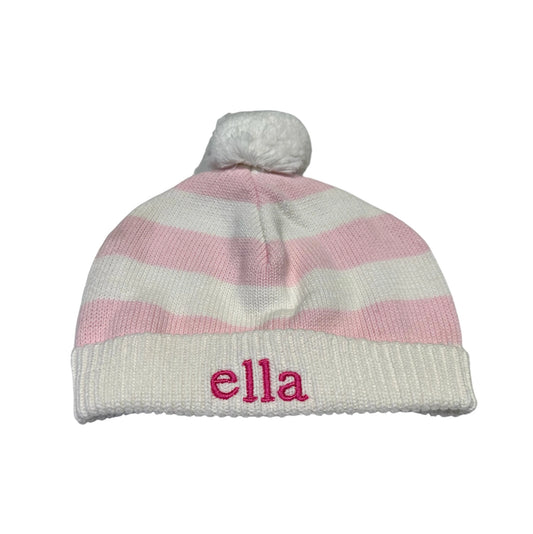 Pink Cotton Baby Hat w/Stripes&Pompoms - 12M