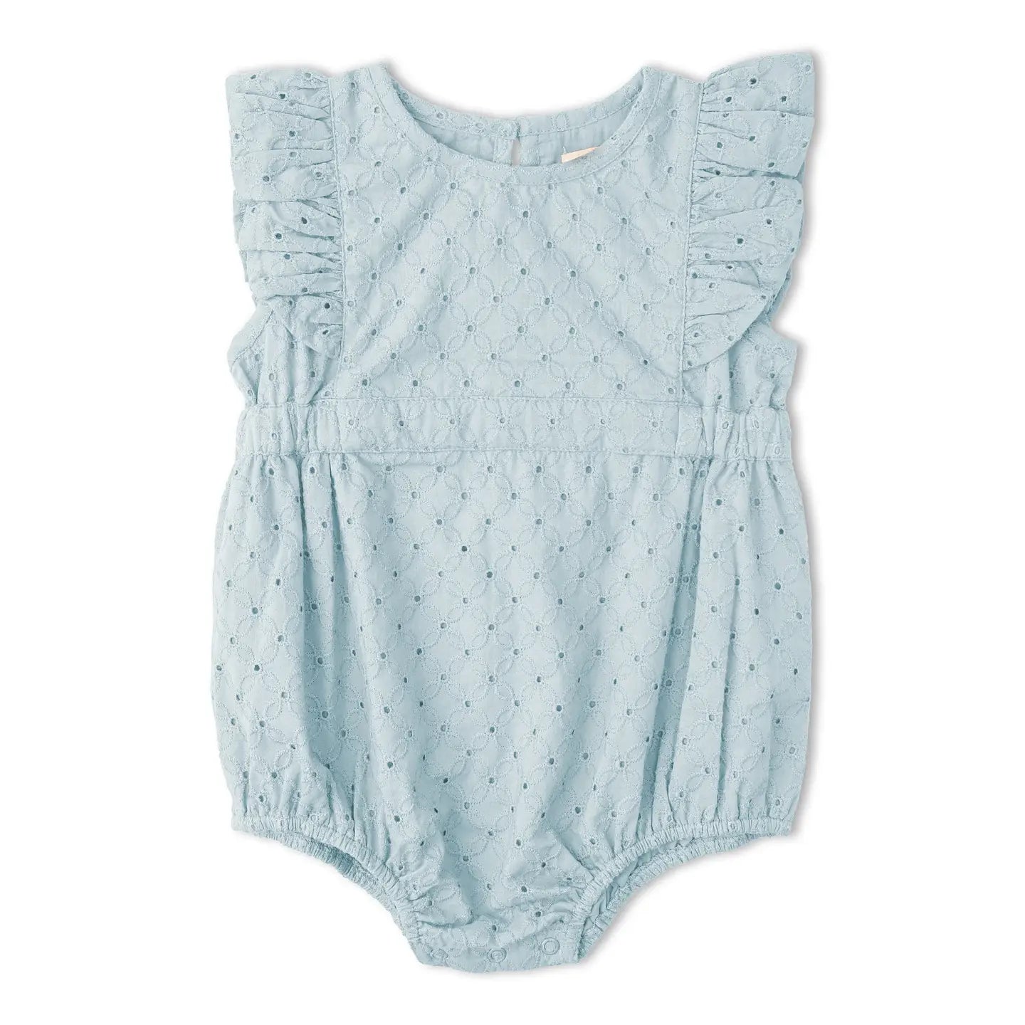 ORGANIC EYELET FLUTTER ROMPER BLUE