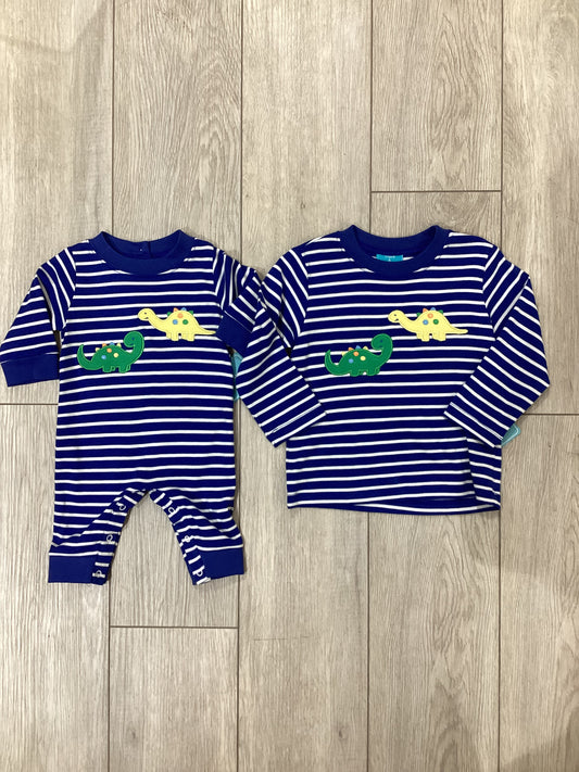 Dinosaurs - Royal Blue Stripe knit Boy's Long Romper