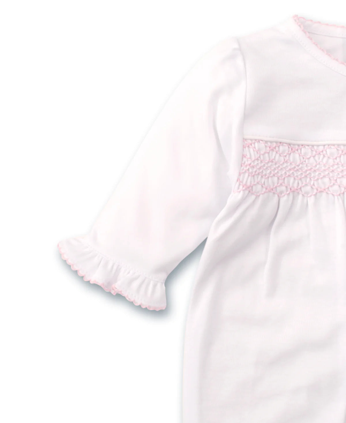 WHITE/PINK TRIM SMOCK FOOTIE