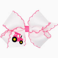 Medium Grosgrain Hair Bow with Moonstitch Edge and Tractor Embroidery