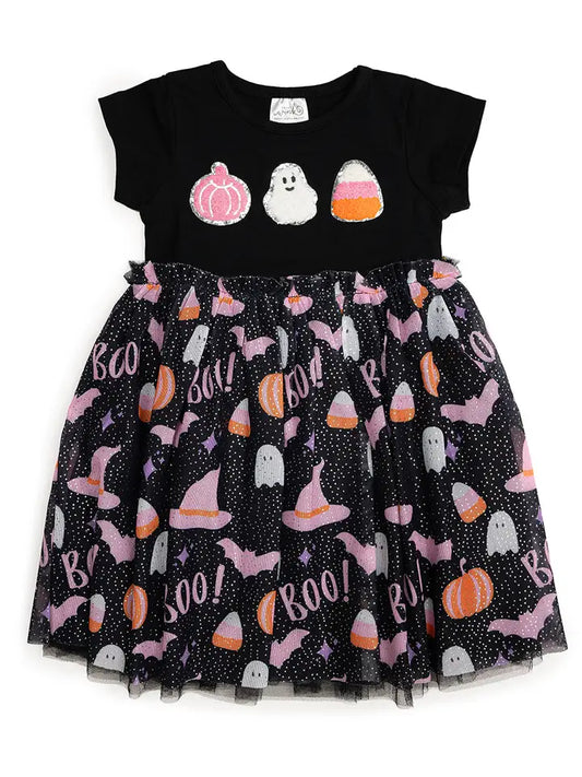 Boo Halloween Short Sleeve Tutu Dress