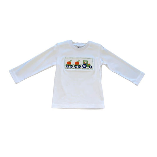 White Smocked Tractor Shirt w/Pumpkins