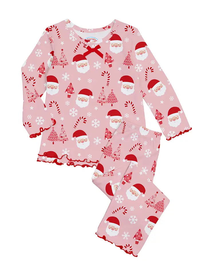 Pink Santa Christmas Girls Ruffle Top & Pant Pajama Set